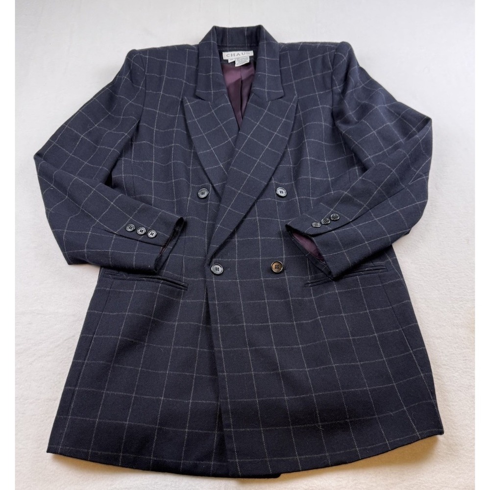 Vintage Chaus Navy Windowpane Plaid Blazer Double Breasted Size 10 Worsted Wool